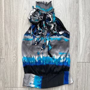 Bebe Pleated Ruffle Halter Top Blue Black Gray Abstract Y2K Party Statement